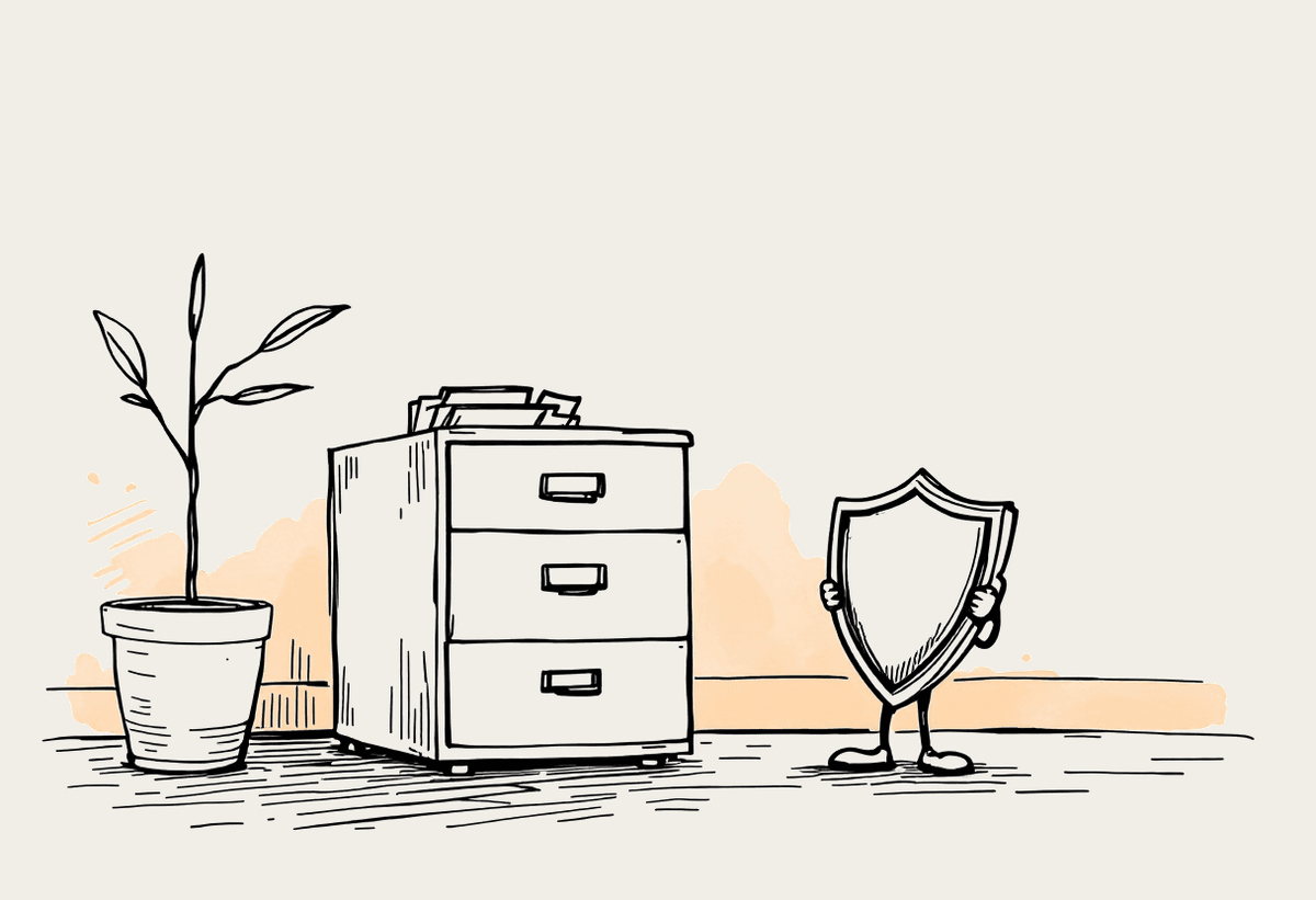 Hand-drawn cream illustration of a filing cabinet beside a small shield character representing agent security controls