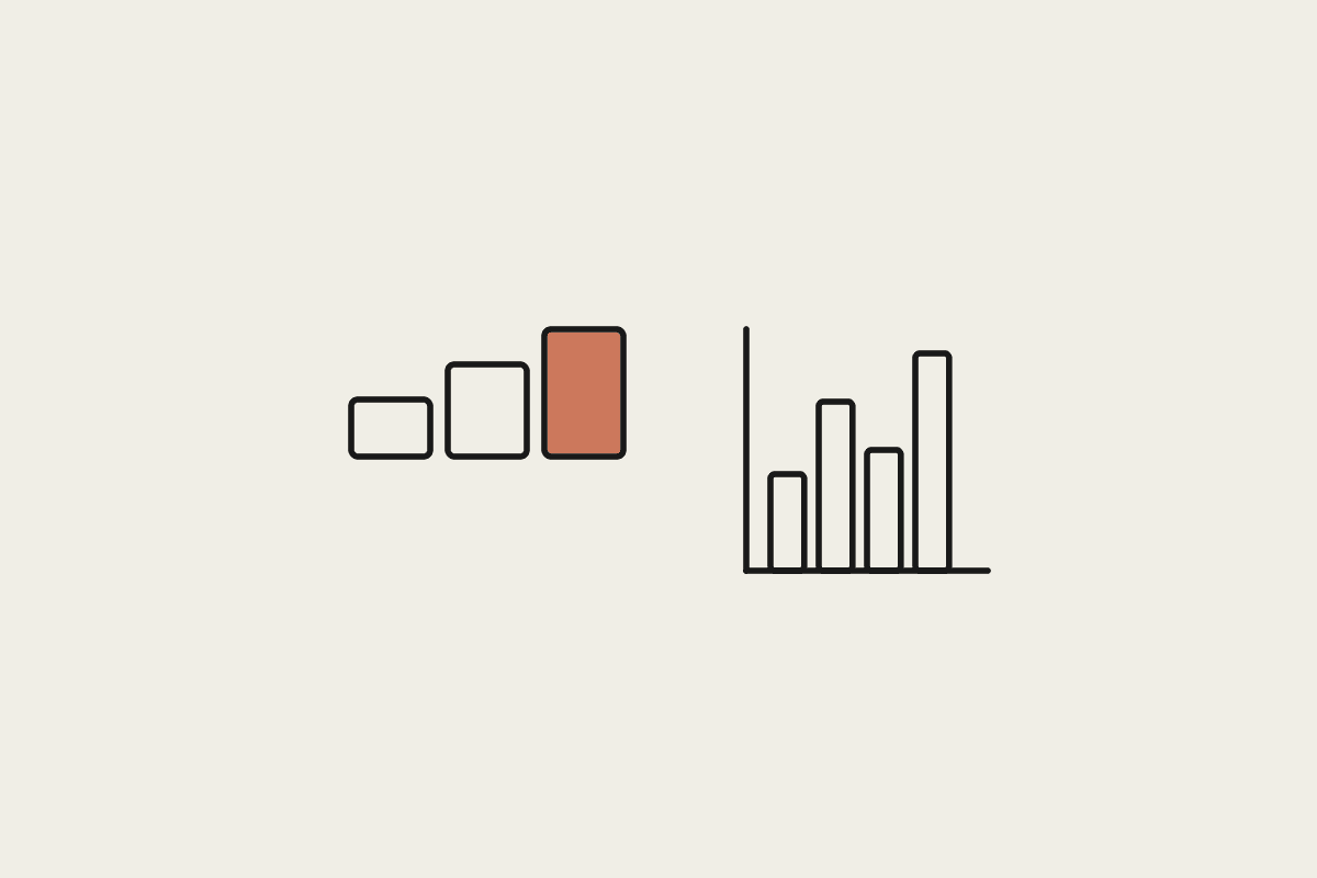 Hand-drawn ascending steps beside a bar chart, illustrating AI cost benchmarks by business size