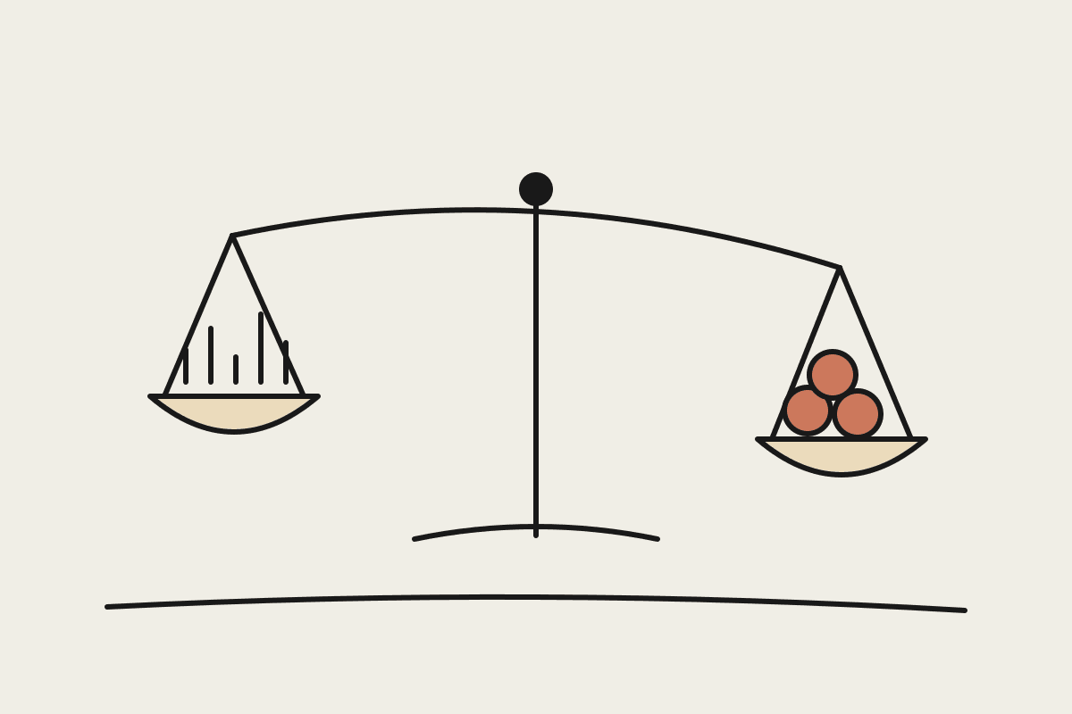 Hand-drawn balance scale weighing a bar chart of Claude usage against terracotta coins of business value