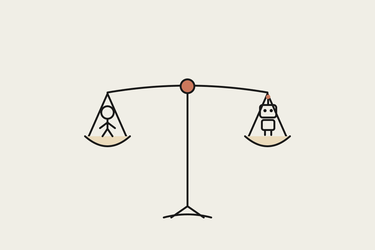 Hand-drawn balance scale weighing a bookkeeper and a friendly robot, sitting almost level