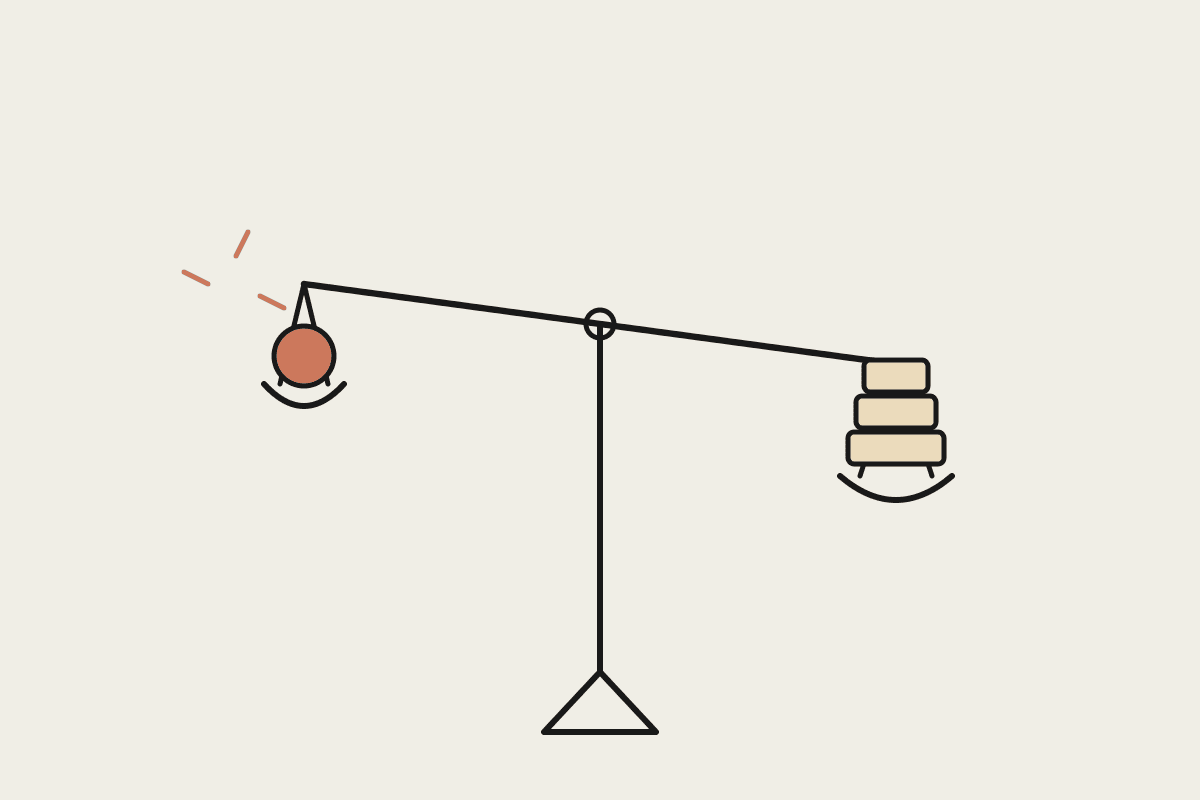 Hand-drawn balance scale weighing a small terracotta coin against a tall stack of blocks