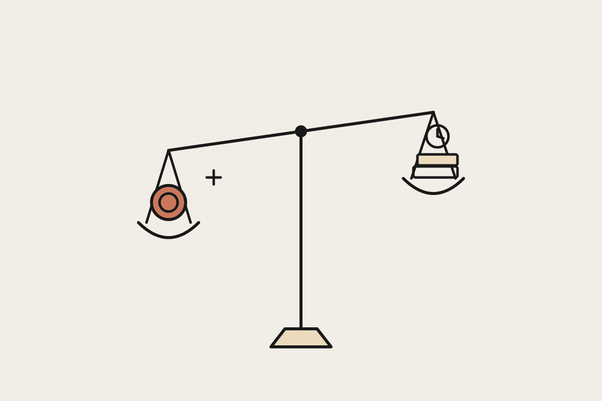 Hand-drawn balance scale weighing a terracotta dollar coin against a stack of papers and a clock