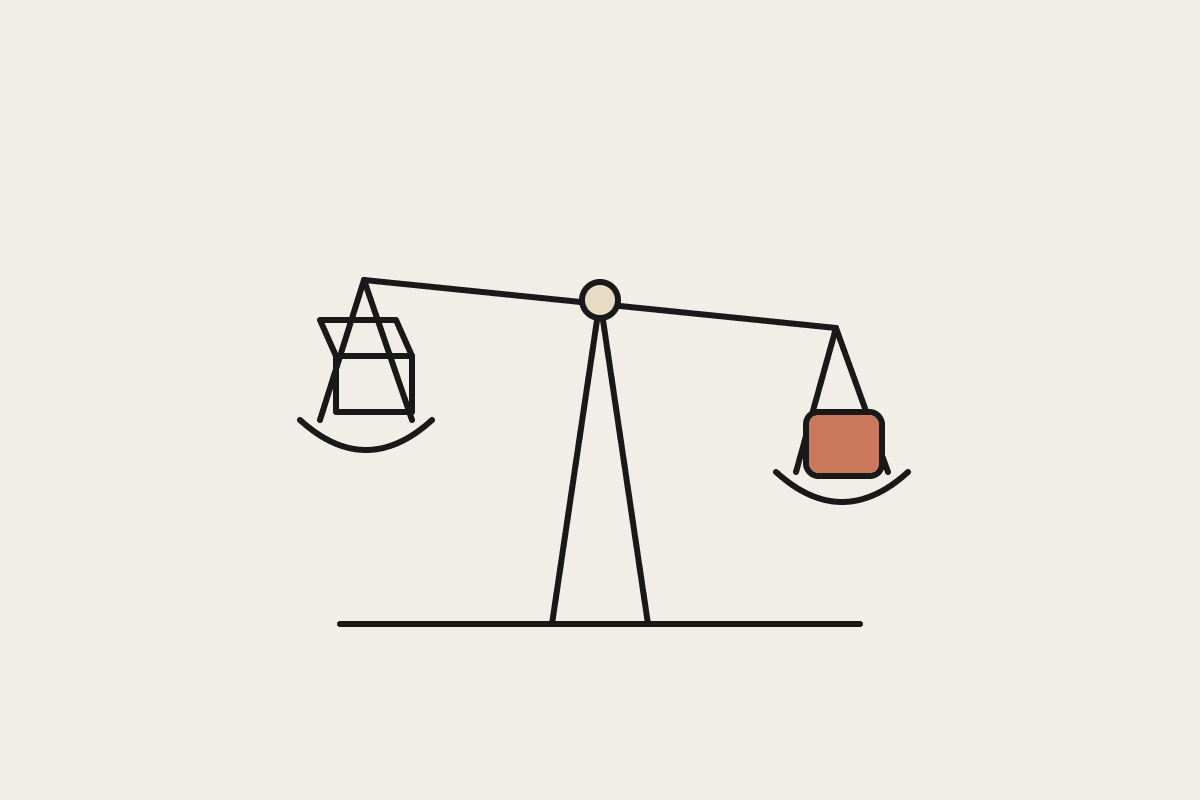 Hand-drawn balance scale weighing an open box of model weights against a solid terracotta block, with the managed block tipping the balance toward Claude.