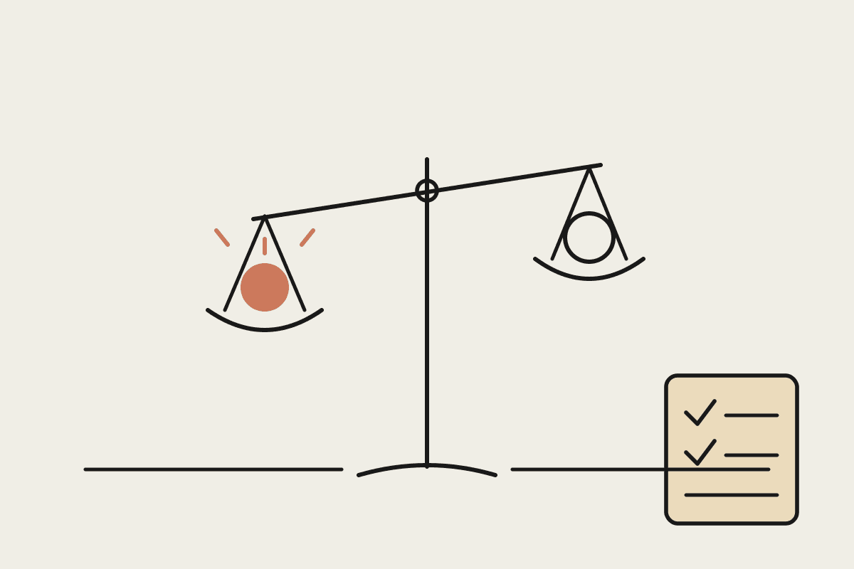 Hand-drawn balance scale weighing two AI assistants, with a checklist card beside it