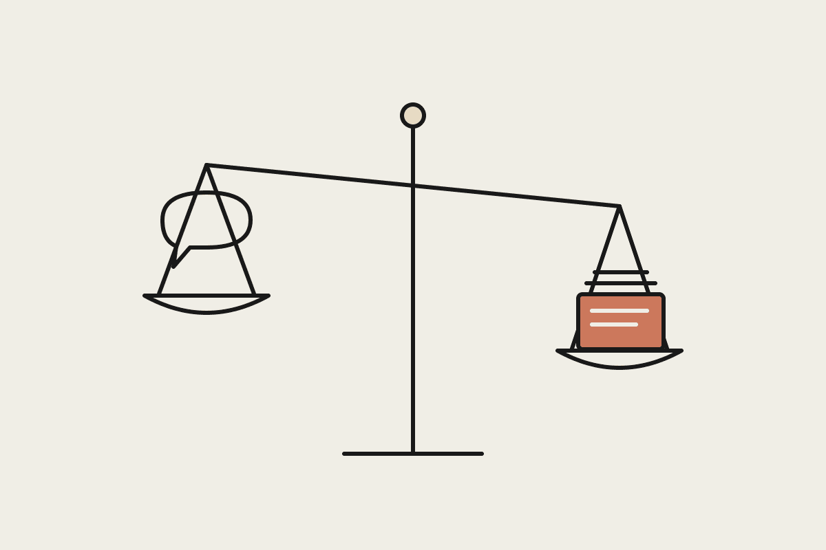Hand-drawn balance scale with a speech bubble on one side and a stack of documents on the other