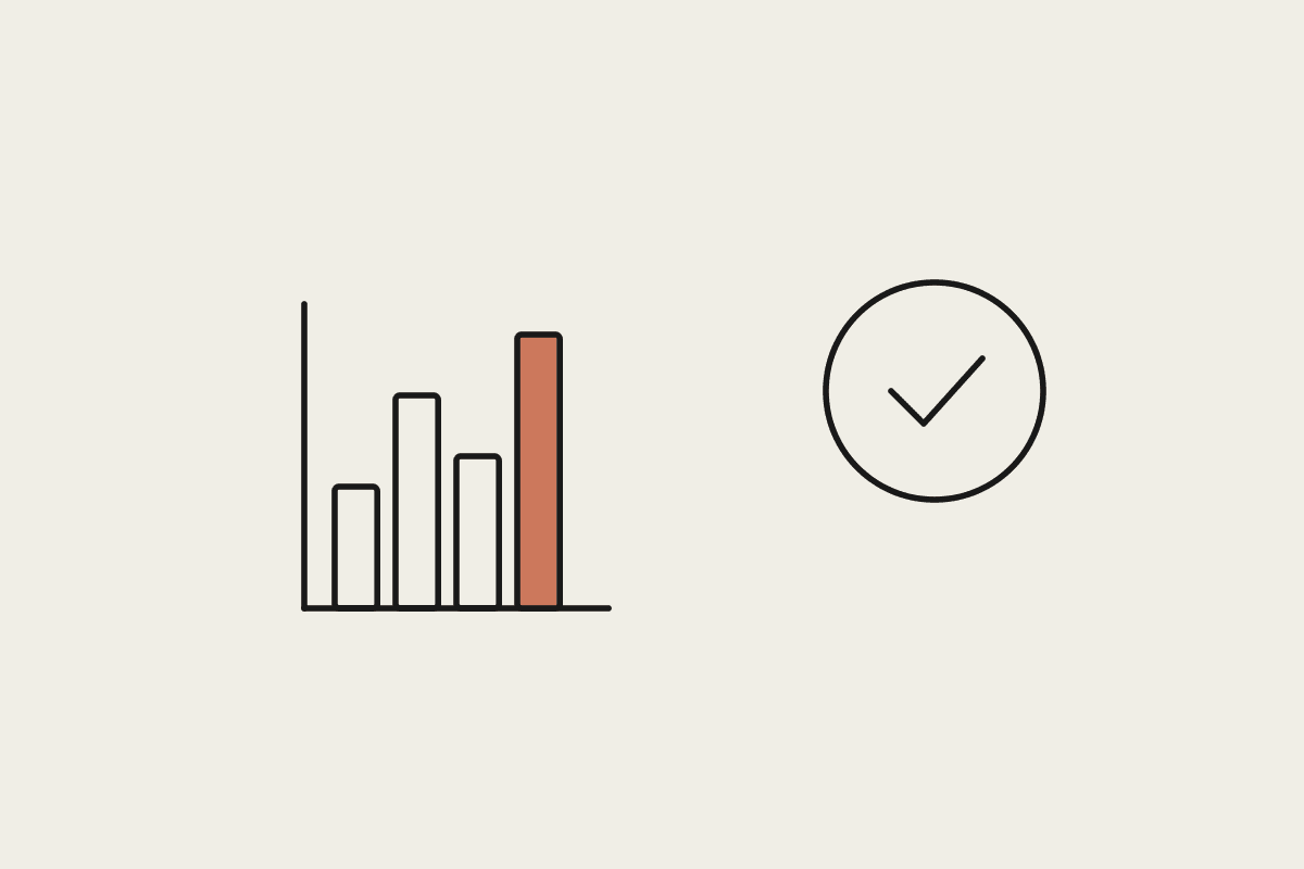 Hand-drawn bar chart beside a circled checkmark, illustrating cost-per-outcome measurement