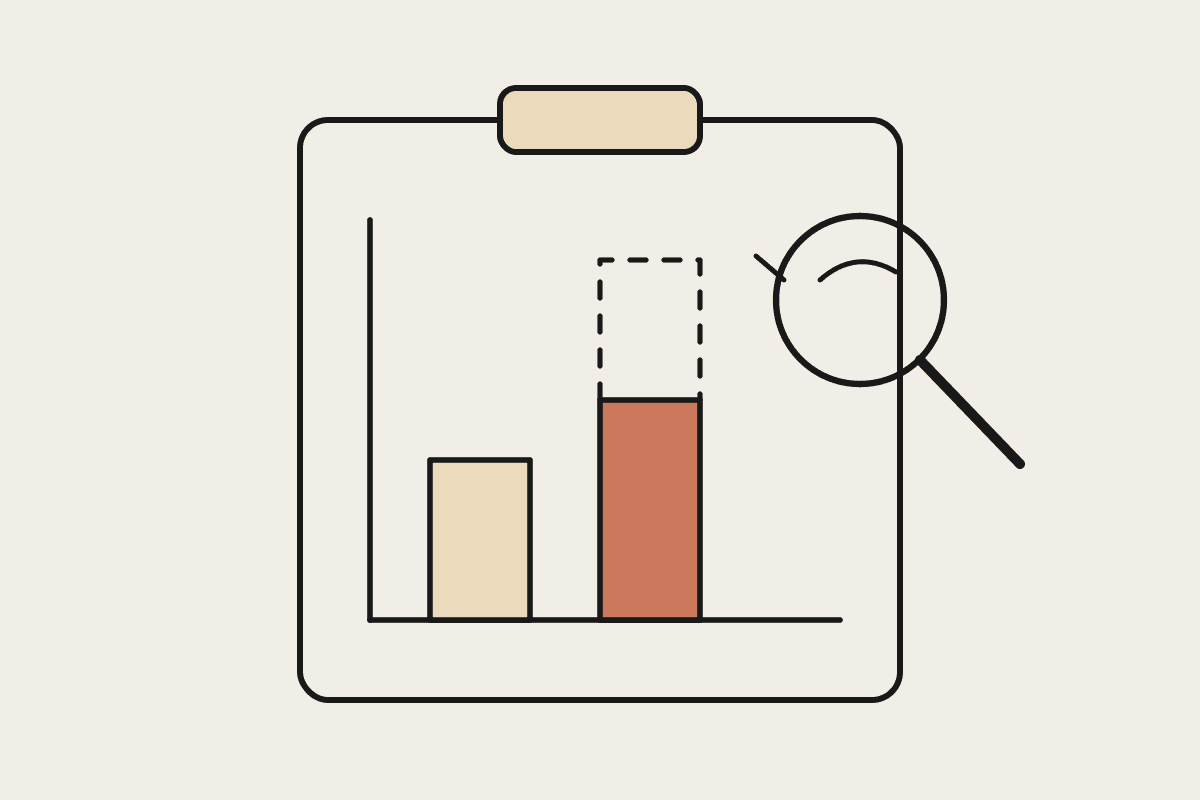 Hand-drawn bar chart on a clipboard with a dashed hidden extension on the Claude-coloured bar, inspected by a magnifying glass