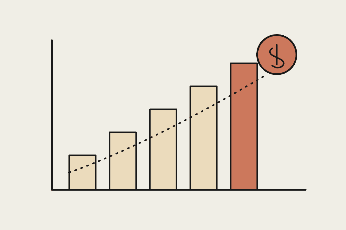 Hand-drawn bar chart rising toward a terracotta dollar coin on cream paper