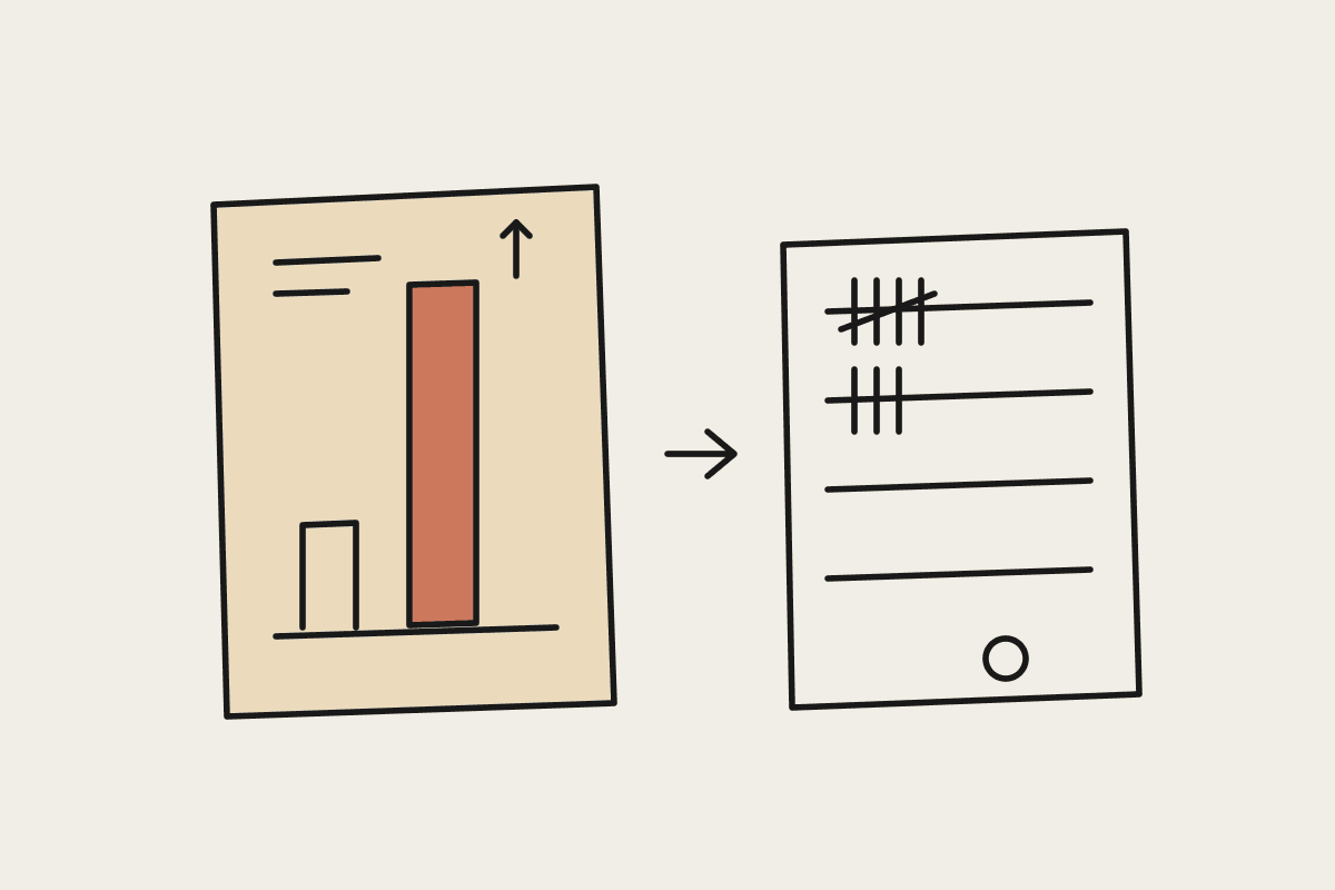Hand-drawn brochure with one tall bar beside a notebook of tally marks counting real tasks