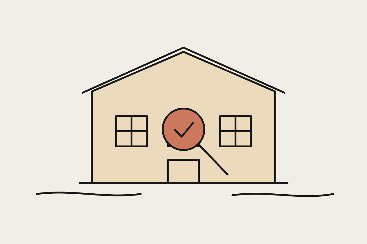 Hand-drawn building with a magnifying glass and tick over its centre window, showing an evaluator checking from inside