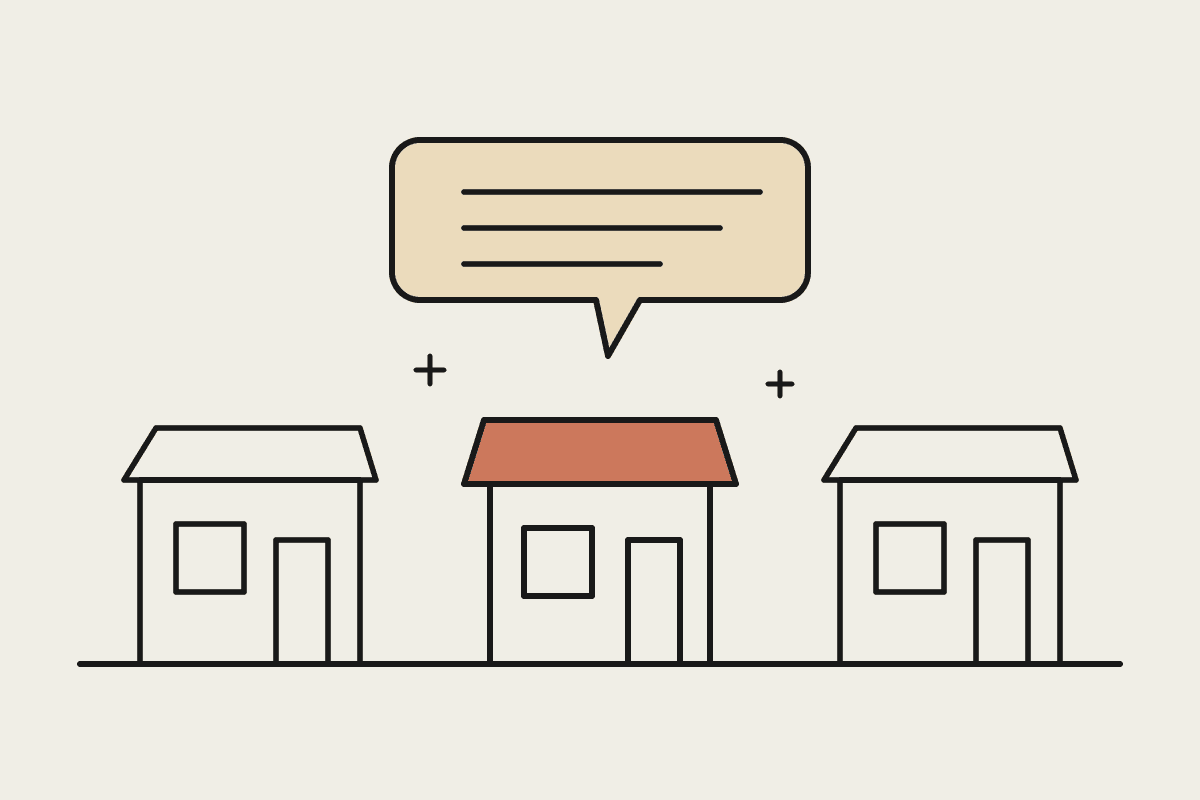 Hand-drawn chat bubble above three shopfronts, with the middle shop's awning filled in terracotta to show it being recommended