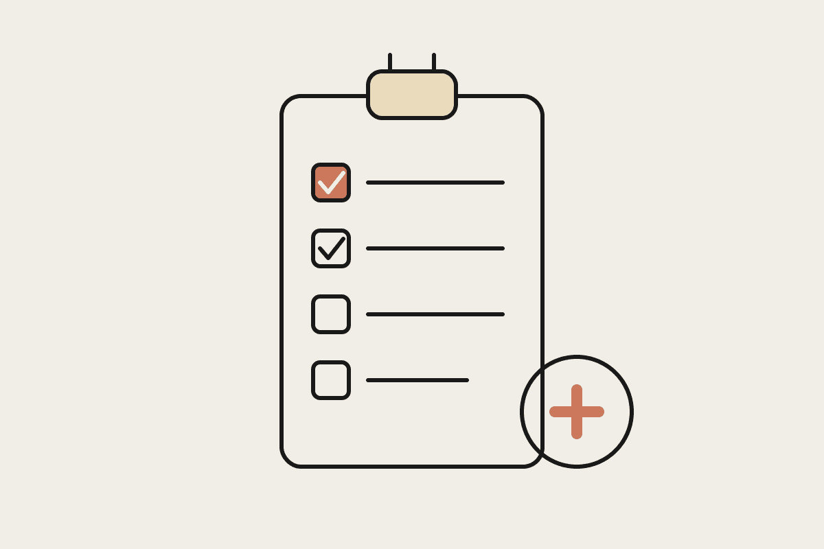 Hand-drawn checklist clipboard with a terracotta tick and a medical cross badge