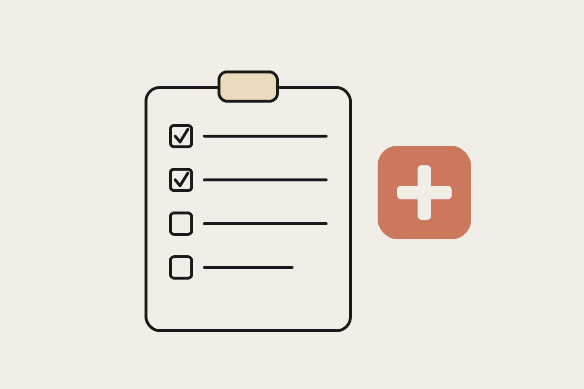 Hand-drawn clipboard checklist beside a terracotta health-cross badge, representing a GP clinic operations playbook.