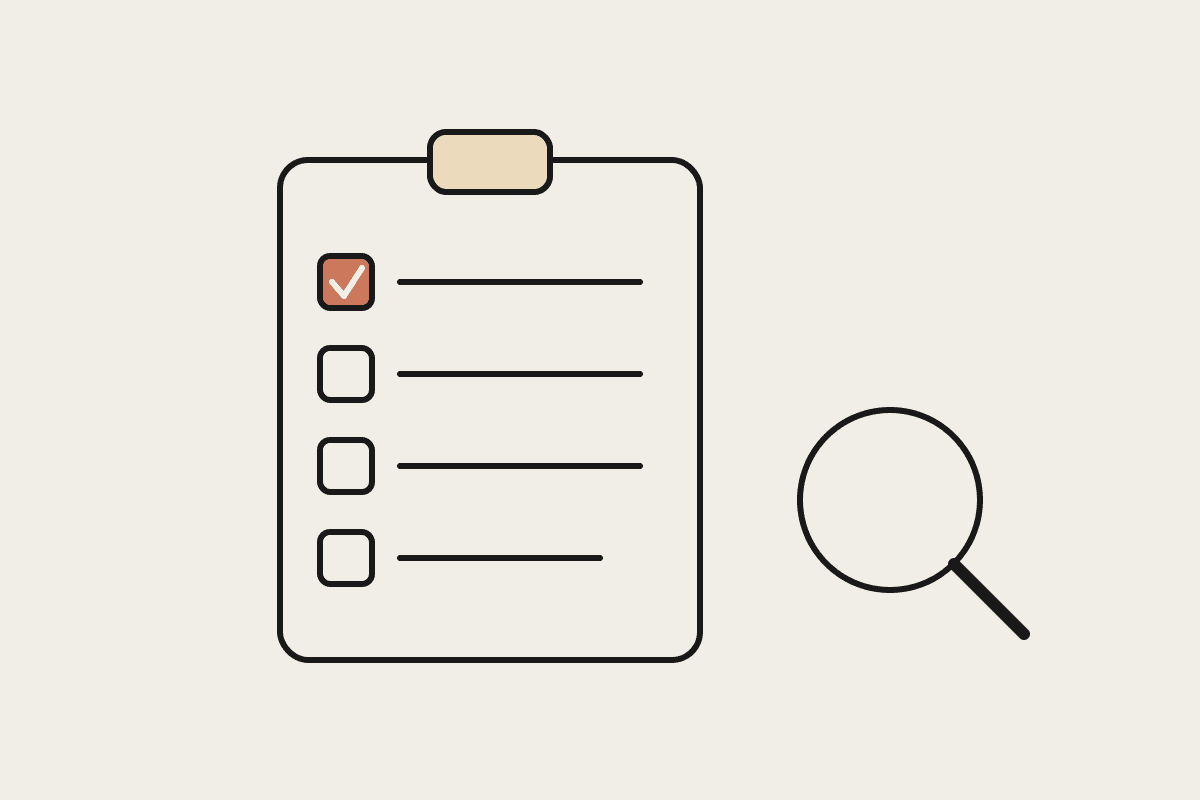 Hand-drawn clipboard checklist with one terracotta ticked box and a magnifying glass, representing an AI automation buyer's guide