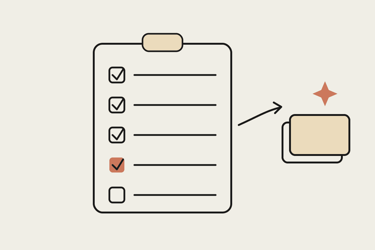 Hand-drawn clipboard checklist with ticked boxes and an arrow pointing to a stack of completed pages