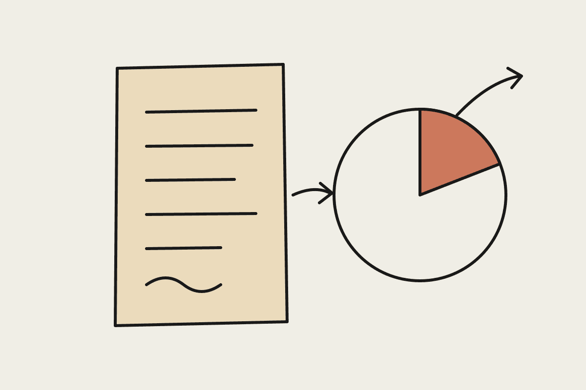 Hand-drawn contract page beside a pie chart with one terracotta slice taken out