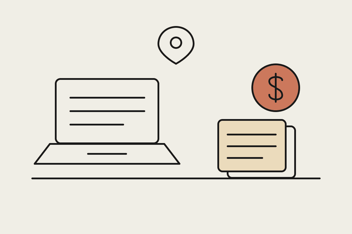 Hand-drawn desk with a laptop, a location pin, papers and a terracotta dollar coin, illustrating Claude Cowork setup options and cost for a Brisbane business.