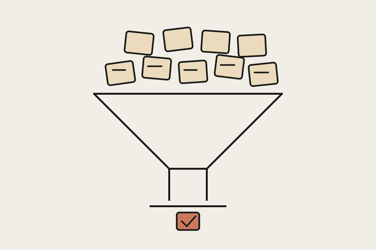 Hand-drawn funnel where many small code cards pile up above a narrow review gate, with one terracotta card passing through