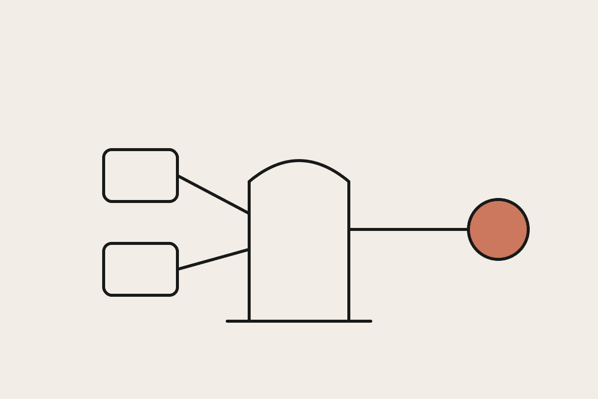 Hand-drawn gateway arch with two cloud boxes feeding through it to a terracotta node on the far side.