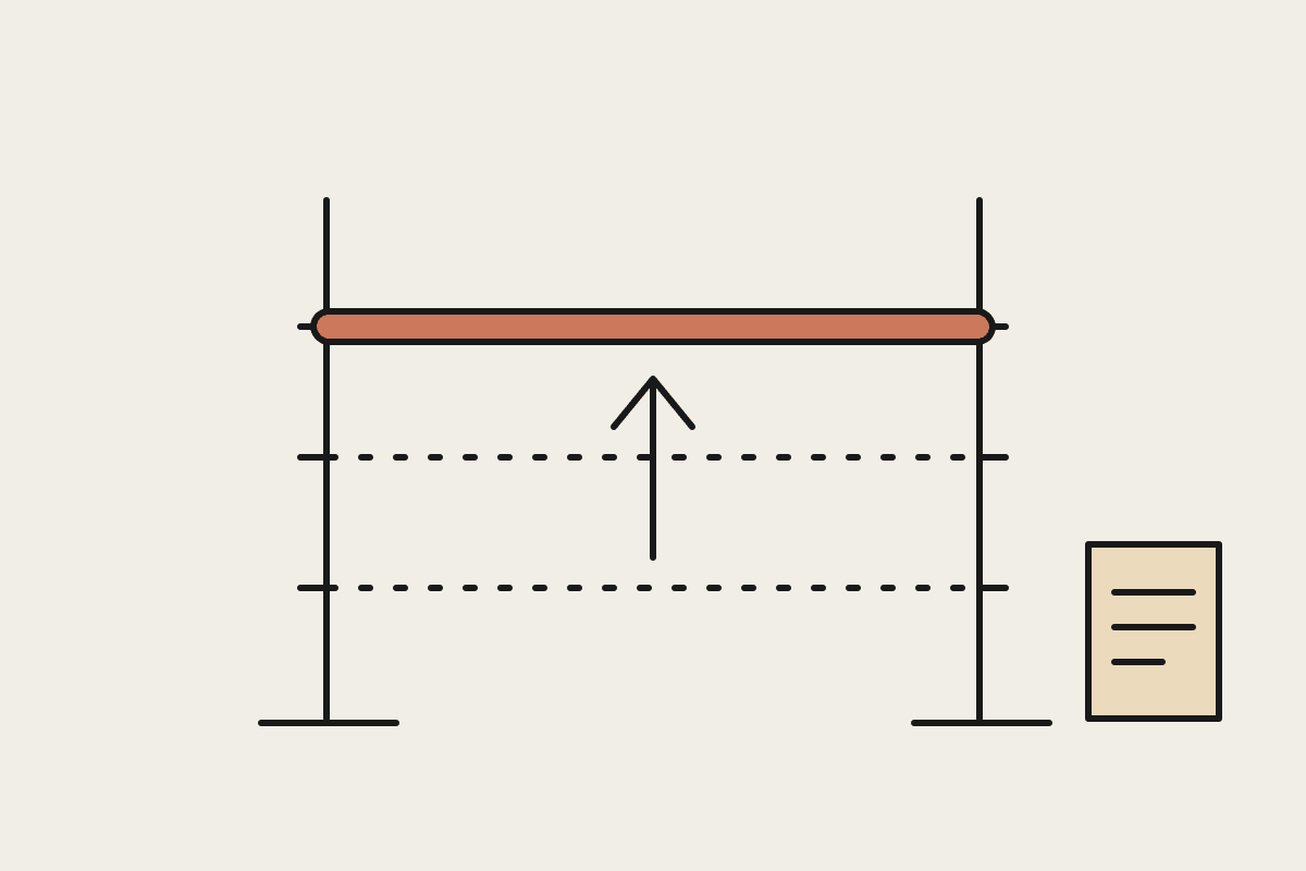 Hand-drawn high-jump bar being raised, with a written policy document beside it