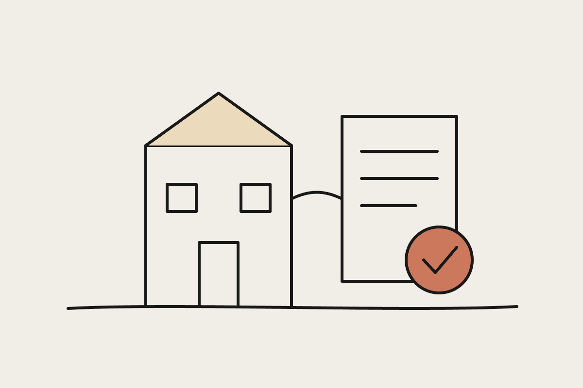 Hand-drawn house beside a loan document stamped with a terracotta review tick