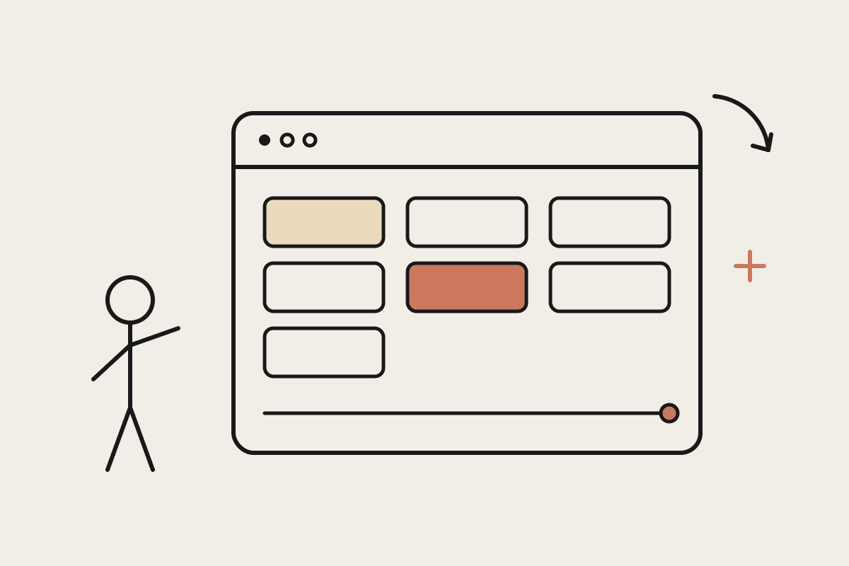 Hand-drawn illustration of a browser window showing a client status board of cards, one highlighted, with a person reviewing it and a refresh arrow