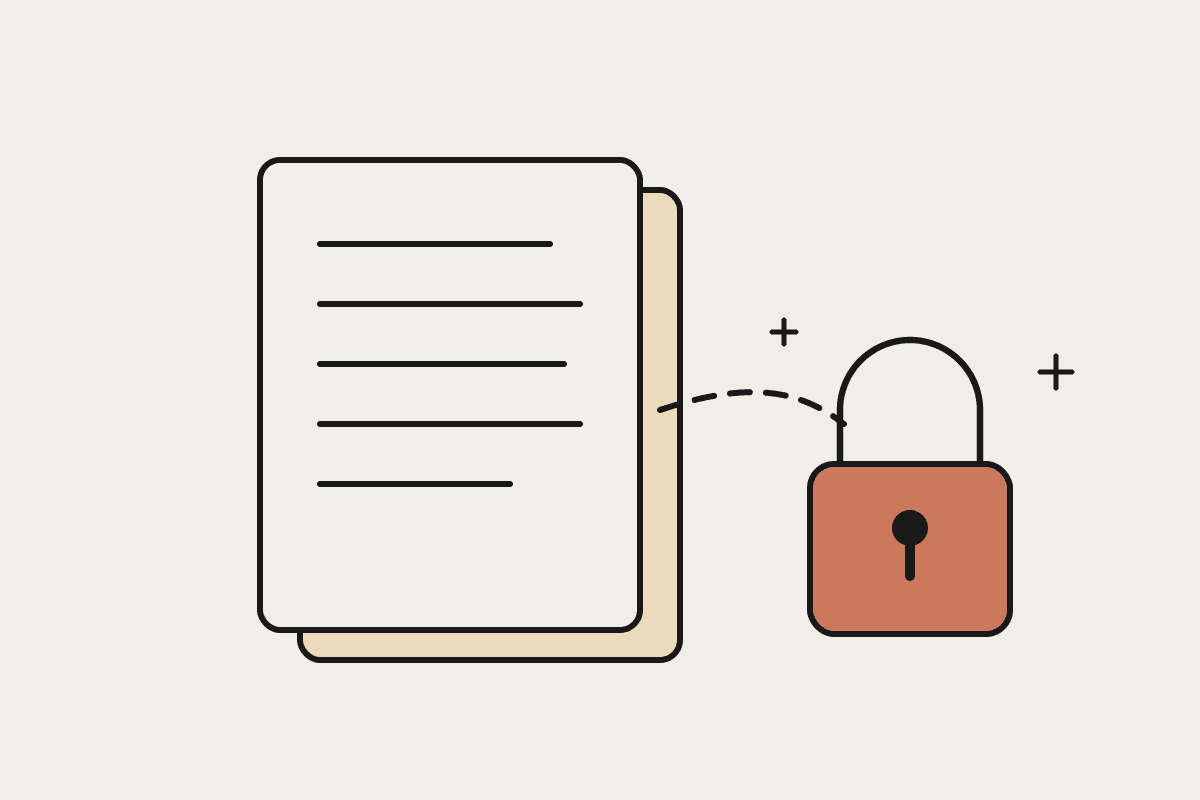Hand-drawn illustration of a business document held behind a terracotta padlock, showing company data kept out of AI model training