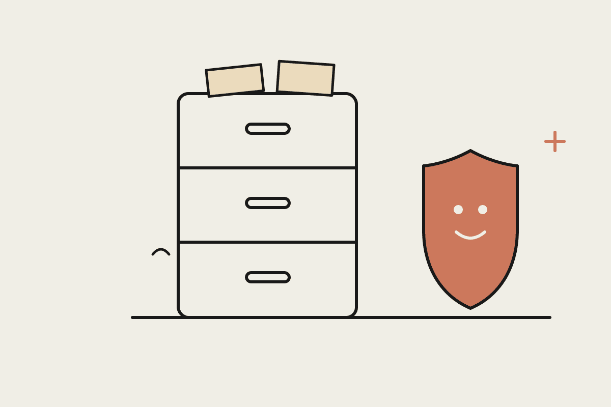 Hand-drawn illustration of a filing cabinet guarded by a friendly shield character