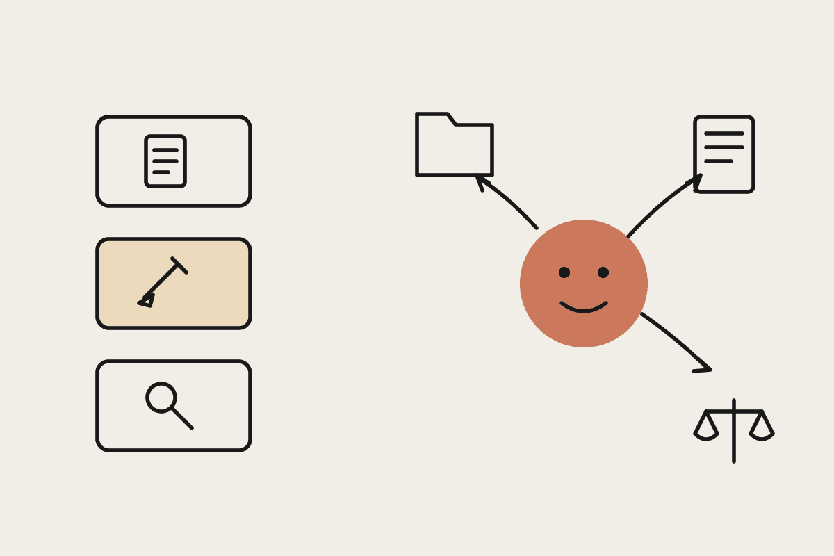 Hand-drawn illustration of a friendly agent circle connected to a document, scales and folder, beside a stack of single-purpose tool boxes