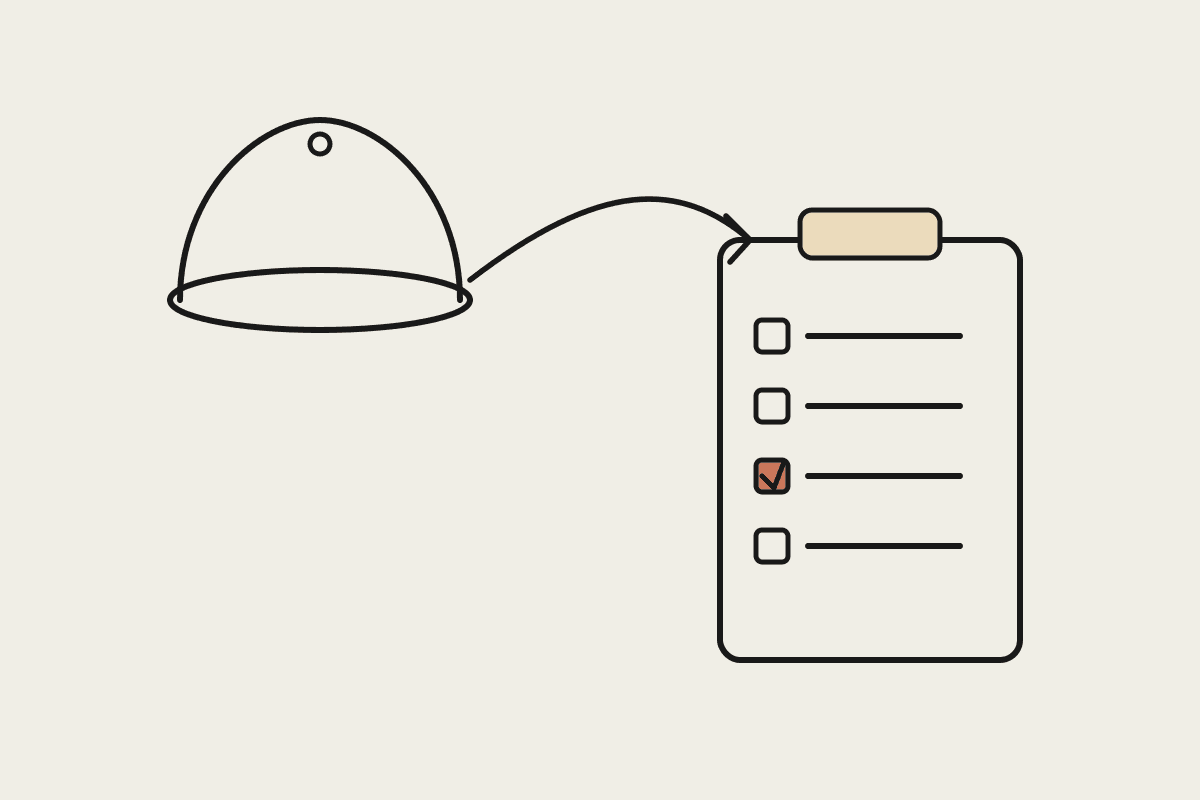 Hand-drawn illustration of a hard hat, an automation loop and a clipboard with one compliance checkbox completed in terracotta