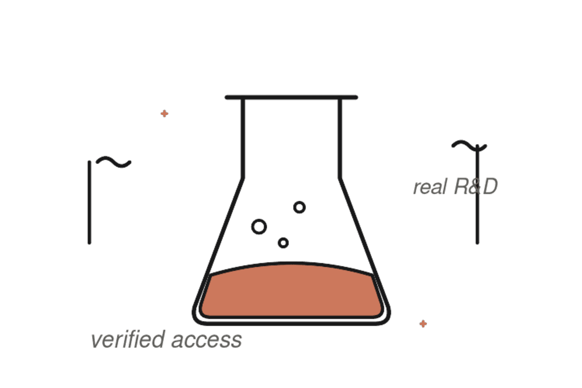 Hand-drawn illustration of a lab flask and beakers representing verified life sciences AI access