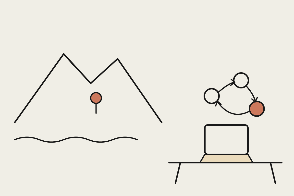 Hand-drawn illustration of a laptop running an automation loop beside kunanyi/Mount Wellington, with a terracotta map pin marking Hobart