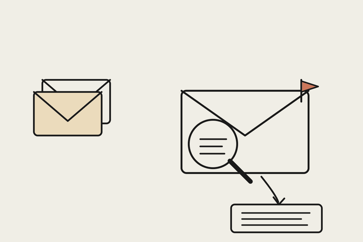 Hand-drawn illustration of a magnifying glass reading an ATO letter with a terracotta priority flag and a sorted output tray