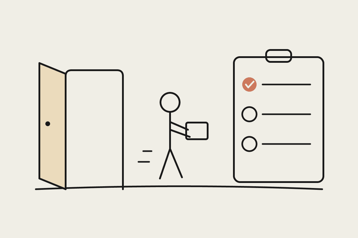 Hand-drawn illustration of a new team member carrying a box through an open door towards a large onboarding checklist with one item ticked