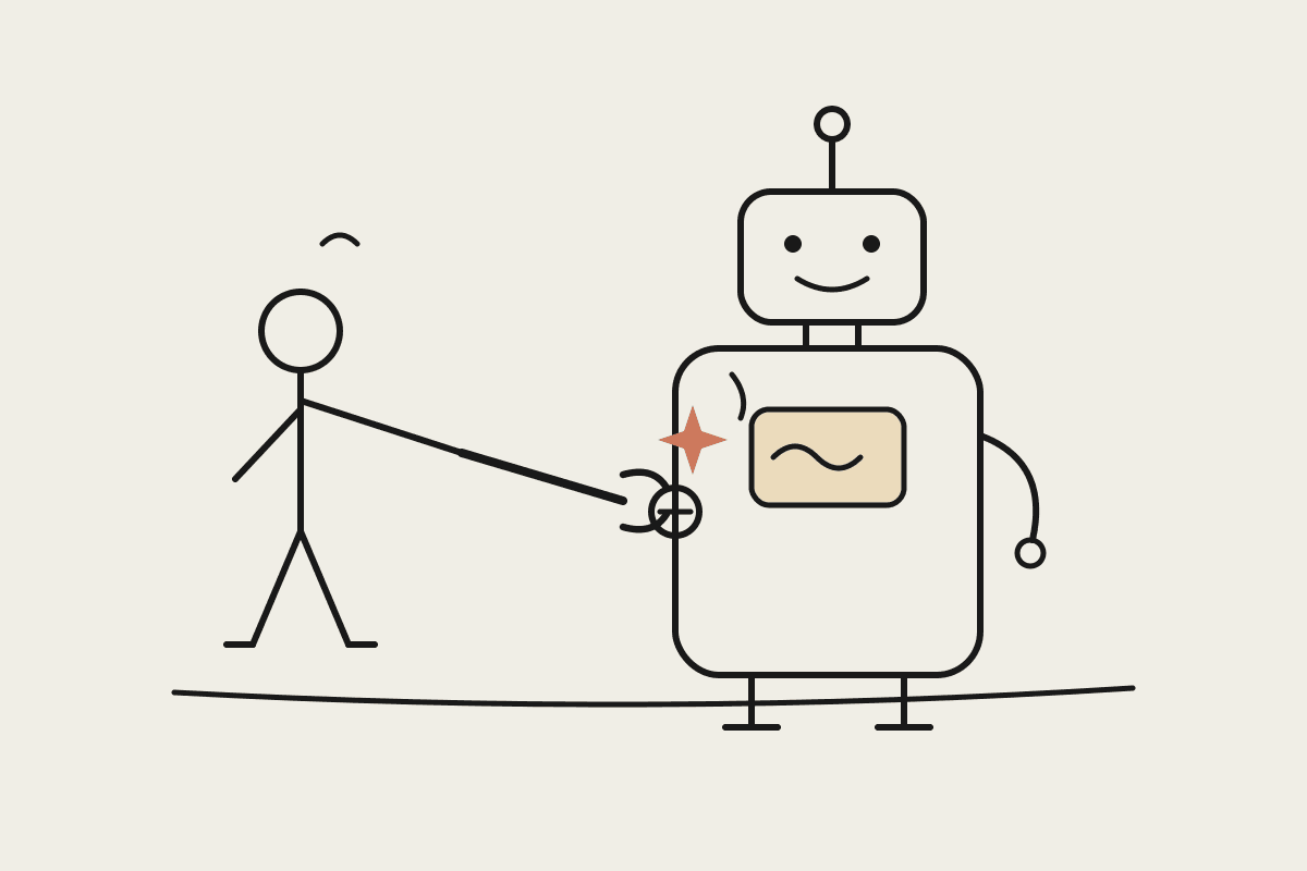 Hand-drawn illustration of a person using a spanner to tighten a bolt on a friendly robot, with a terracotta spark at the contact point
