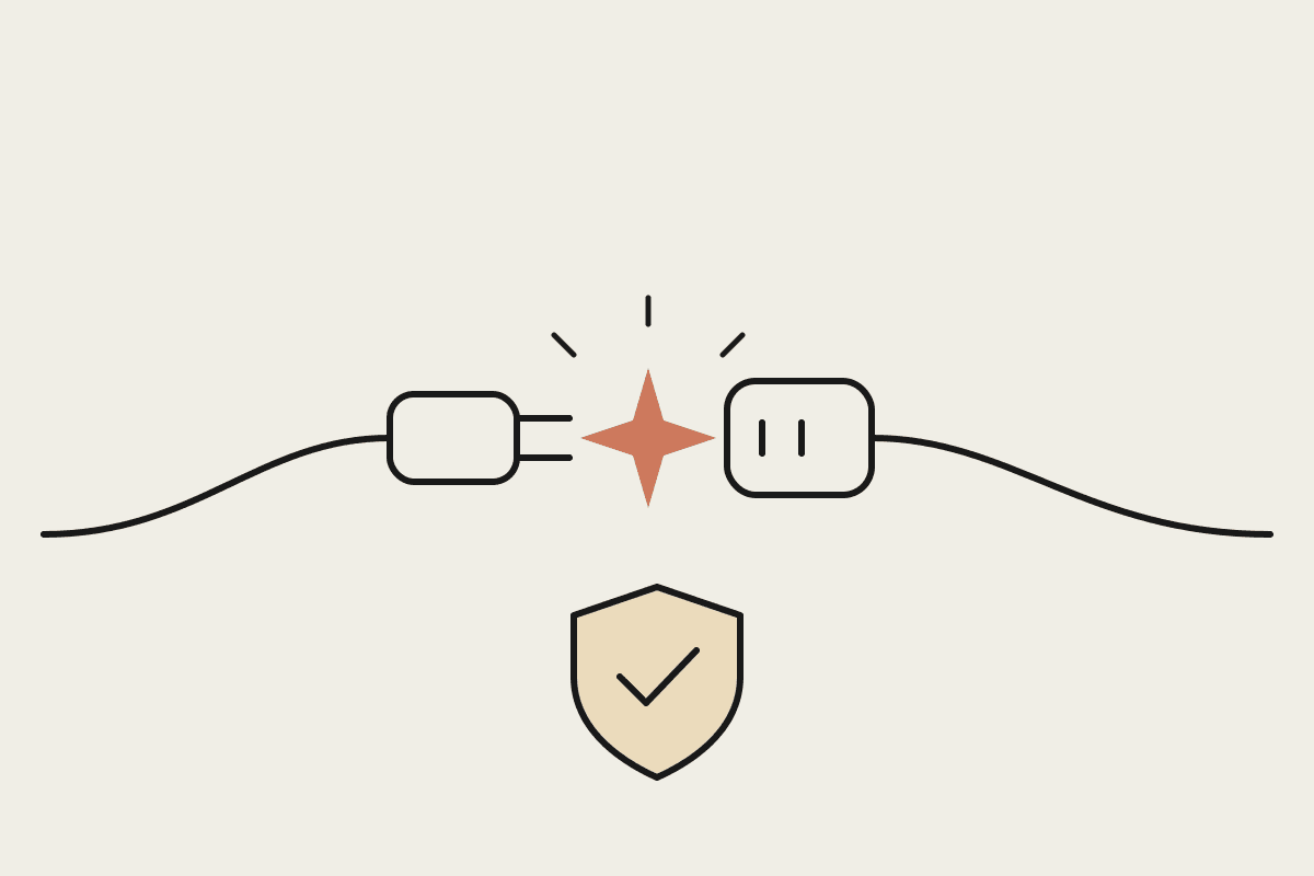 Hand-drawn illustration of a power plug reconnecting to a socket with a terracotta spark, above a shield with a tick
