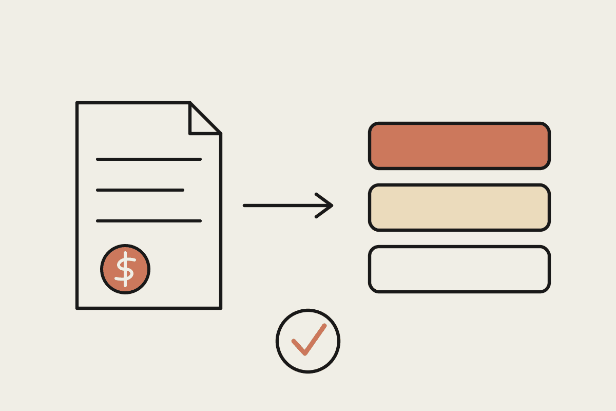 Hand-drawn illustration of a provider invoice being checked and allocated across three NDIS budget categories, with an approved tick.