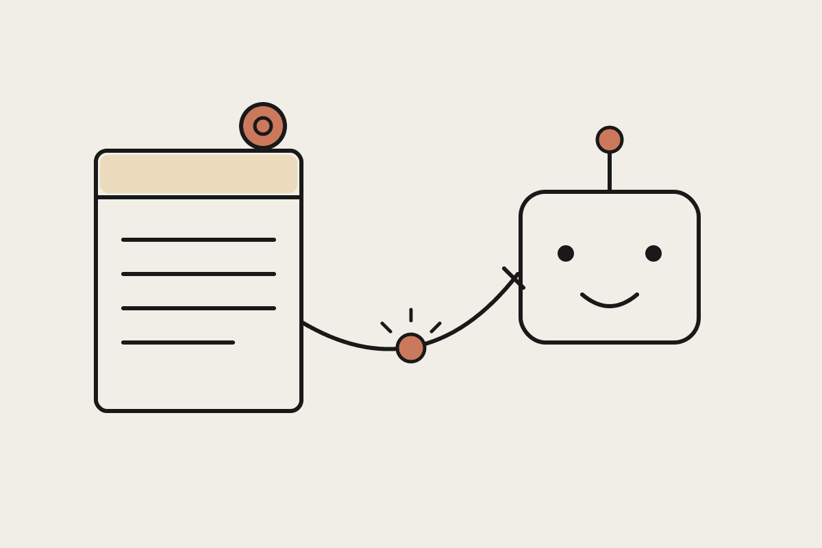 Hand-drawn illustration of an accounting ledger connected by a cable to a friendly robot, with a terracotta spark where they join