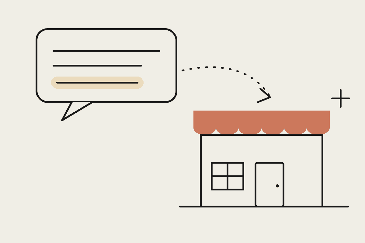 Hand-drawn illustration of an AI chat bubble pointing to a small Australian shopfront it has recommended