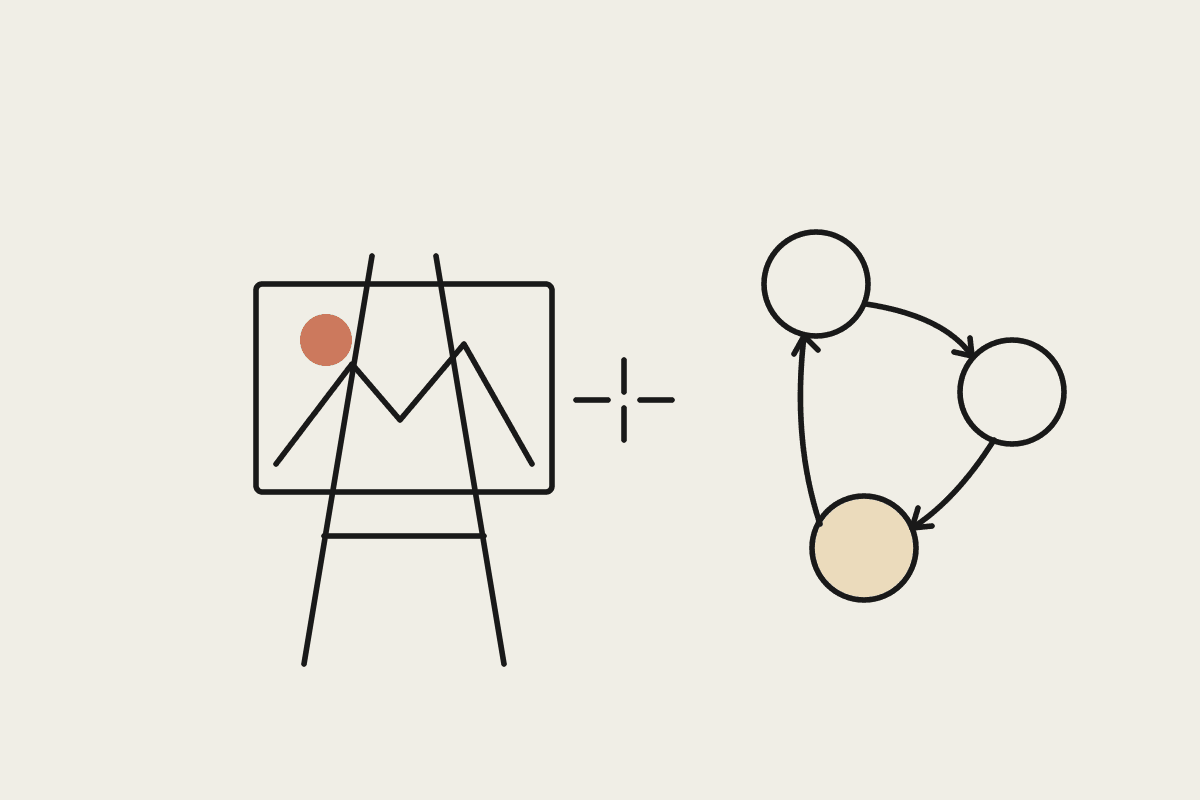 Hand-drawn illustration of an easel with a landscape sketch beside a loop of three circles joined by arrows, showing design tools and agents working together