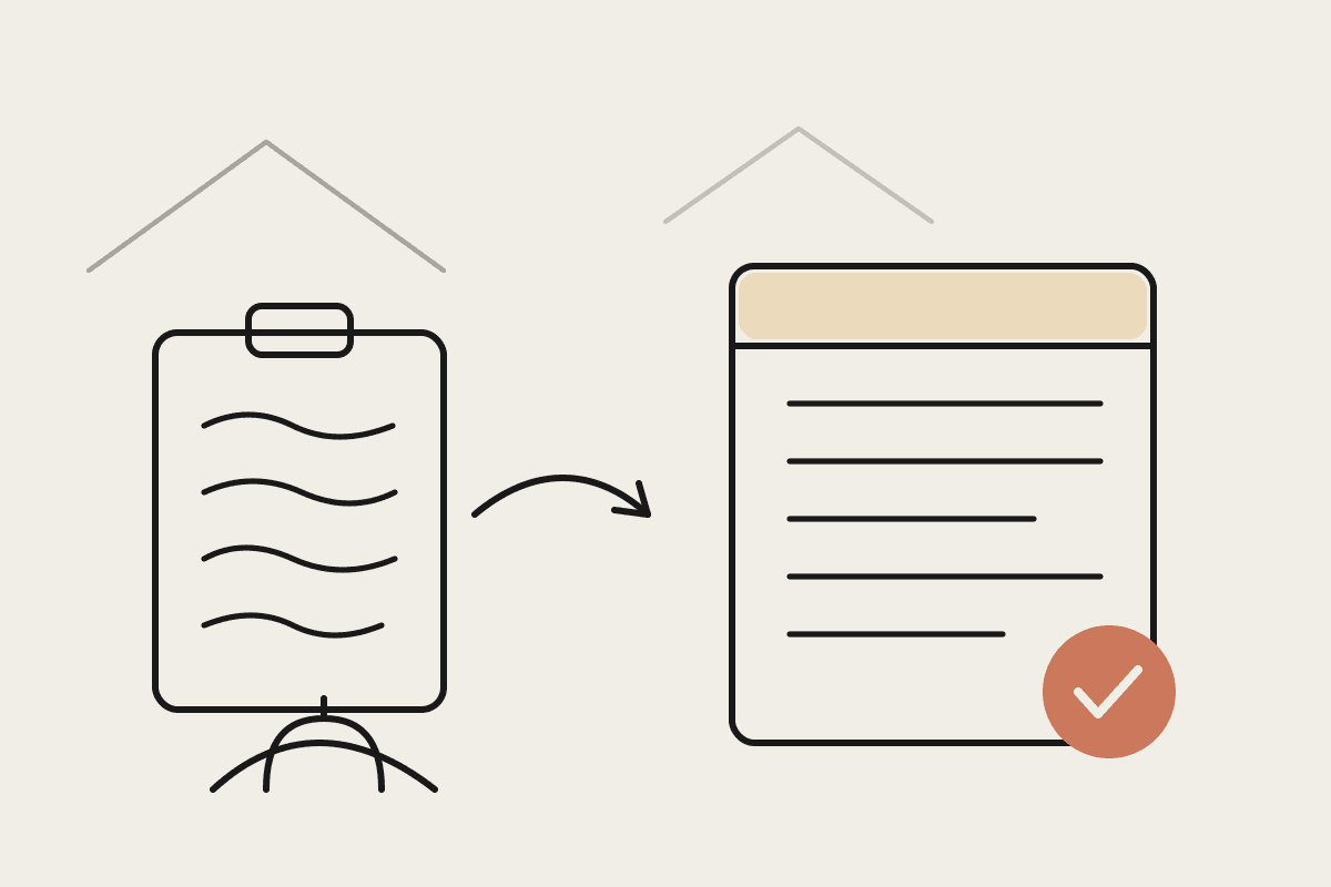 Hand-drawn illustration of messy site notes on a clipboard becoming a tidy, approved building variation document, with a hard hat nearby.