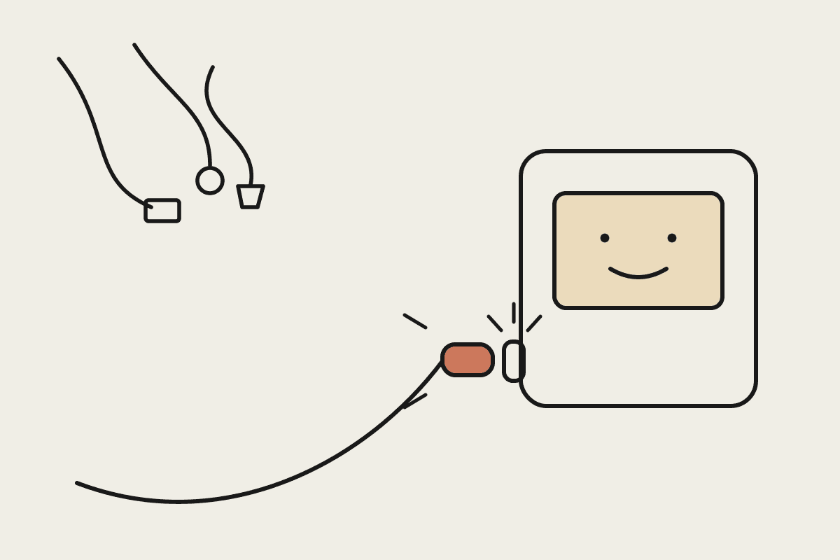 Hand-drawn illustration of one terracotta USB-C style plug connecting to a friendly device, replacing a tangle of mismatched cables