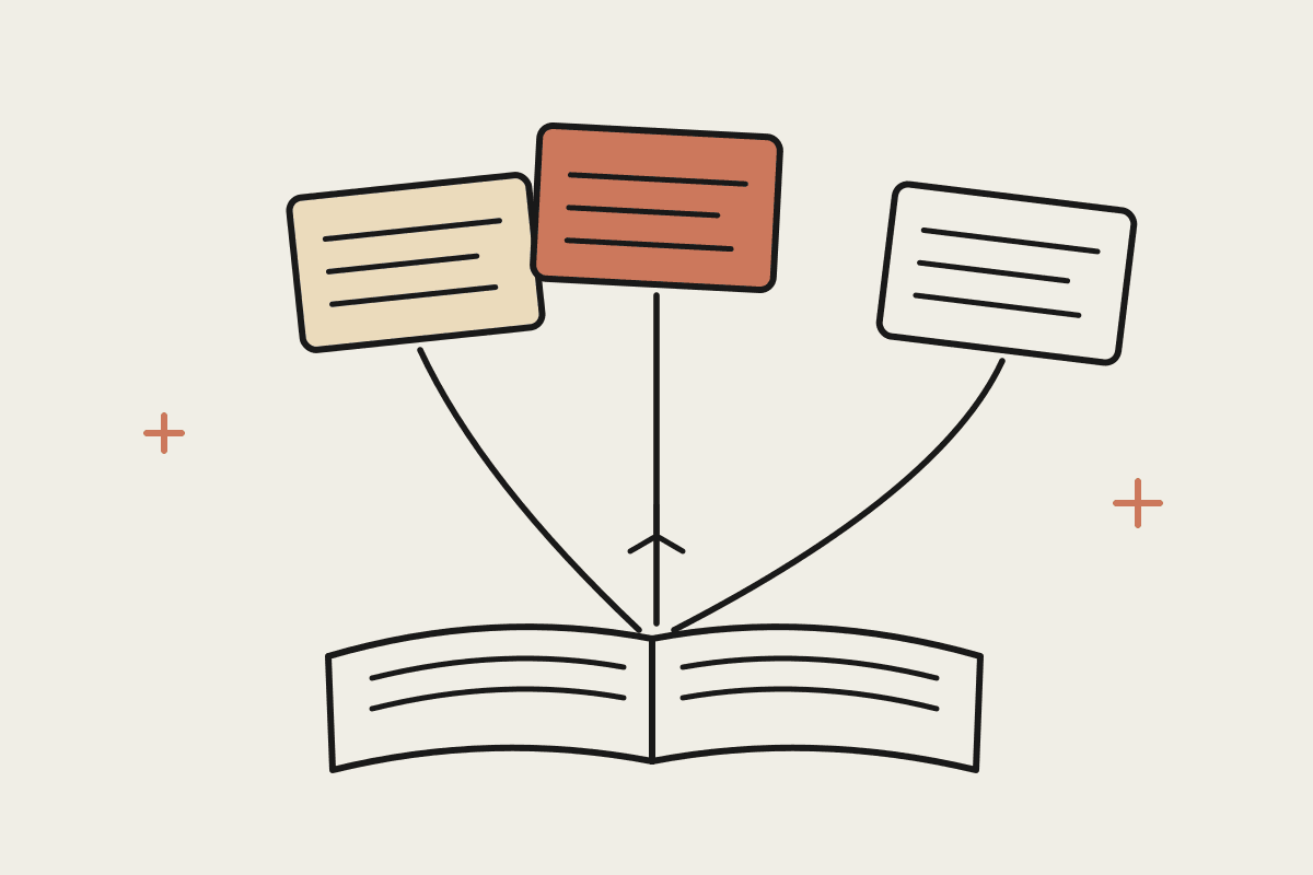 Hand-drawn illustration of three index cards linked by curved lines flowing down into an open notebook, one card filled terracotta