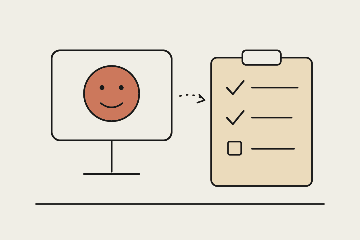 Hand-drawn kiosk screen with a smiling terracotta face beside a task checklist clipboard