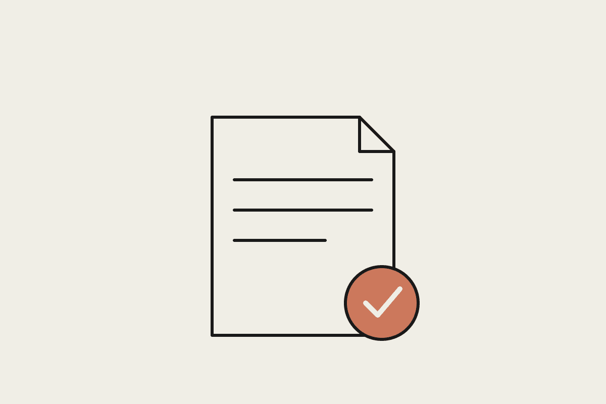 Hand-drawn ledger document with ruled lines and a terracotta circle holding a cream tick.