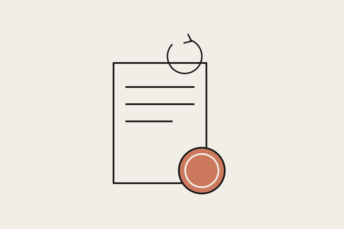 Hand-drawn licence document with ruled lines, a small circular change-arrow above, and a terracotta wax seal.