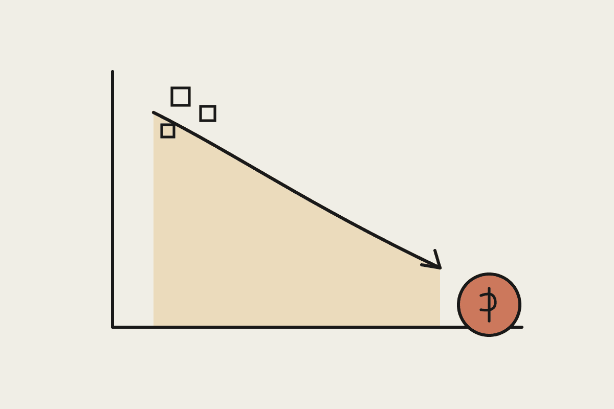 Hand-drawn line chart showing Claude Code token cost trending down to a terracotta dollar coin, with a few stray token blocks left behind near the top.