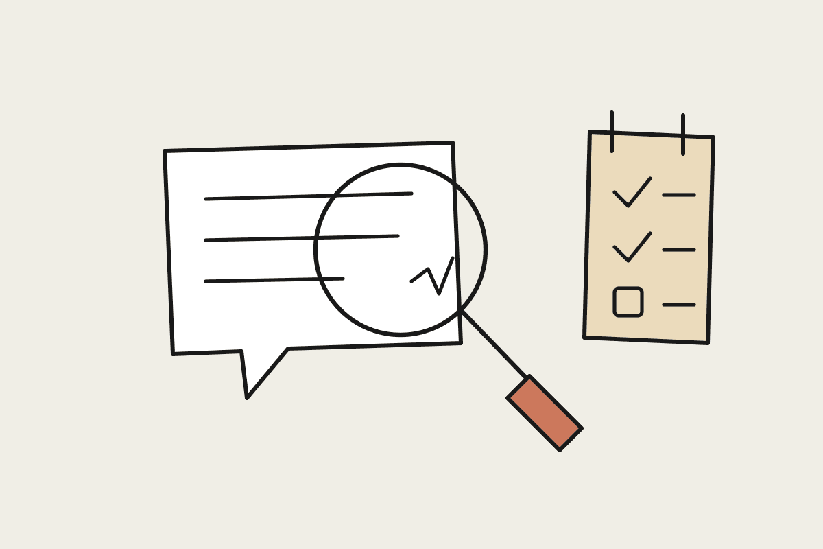 Hand-drawn magnifying glass held over a vendor claim card, with a dated checklist beside it