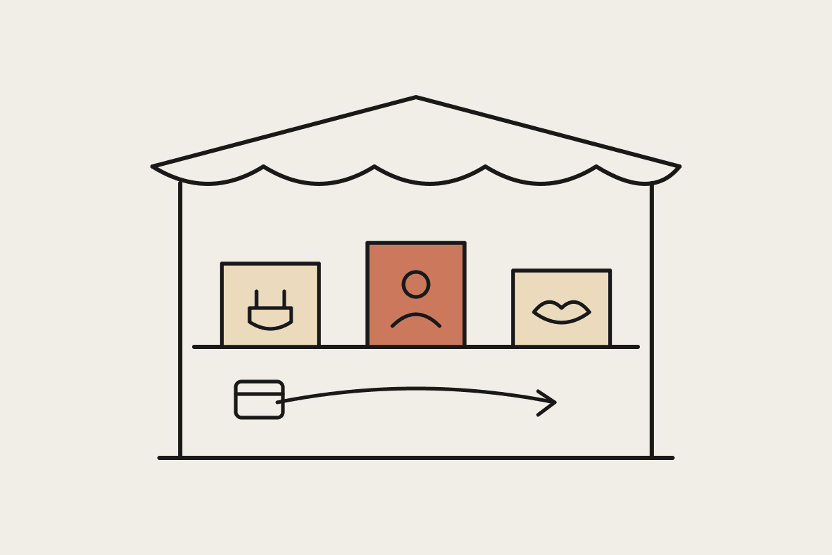 Hand-drawn market stall with three boxes on a shelf for Claude connectors, agents and partners, one highlighted in terracotta