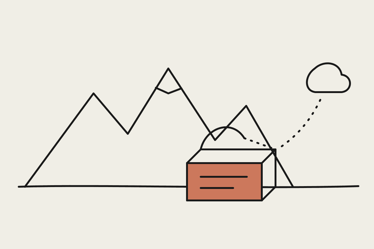 Hand-drawn mountain range beside a terracotta server box, with a dotted line to a cloud